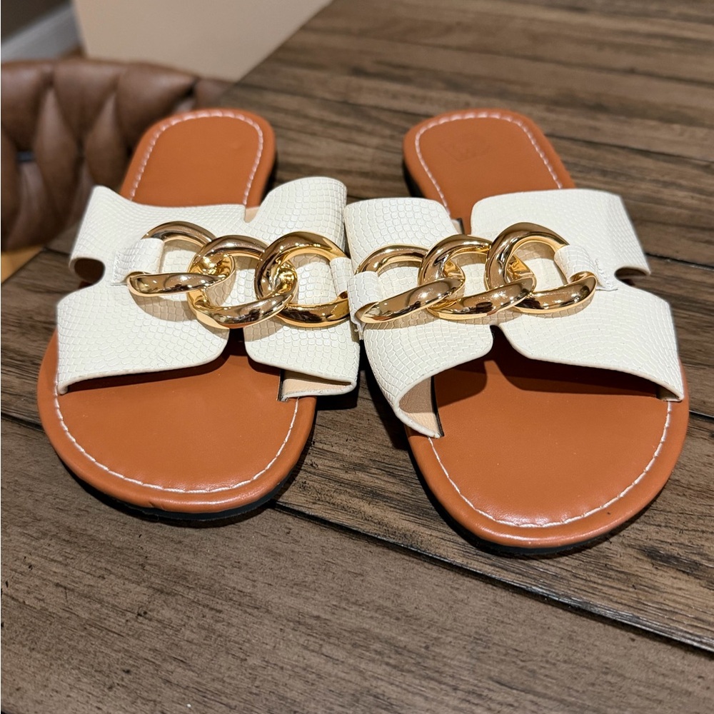 White and Gold Women's Slide Sandals
